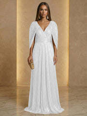 A Line V Neck Cape Sleeve Pleated Floor Length Luxurious Evening Dresses