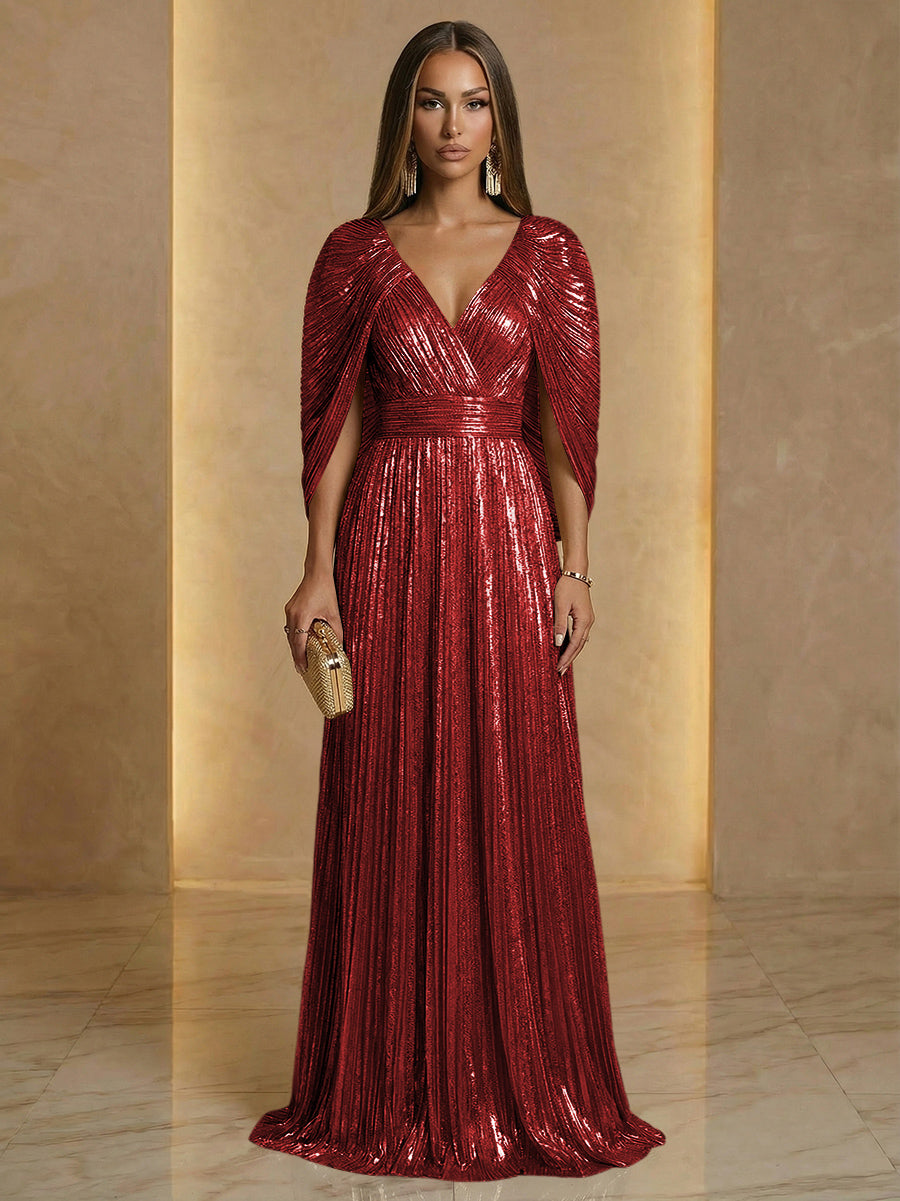 A Line V Neck Cape Sleeve Pleated Floor Length Luxurious Evening Dresses