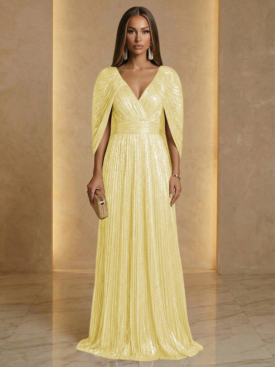 A Line V Neck Cape Sleeve Pleated Floor Length Luxurious Evening Dresses