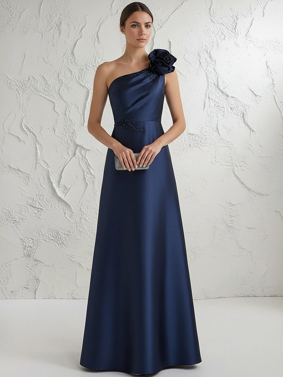 A Line/Princess One-Shoulder Floor Length Beaded Evening Dresses with Flower