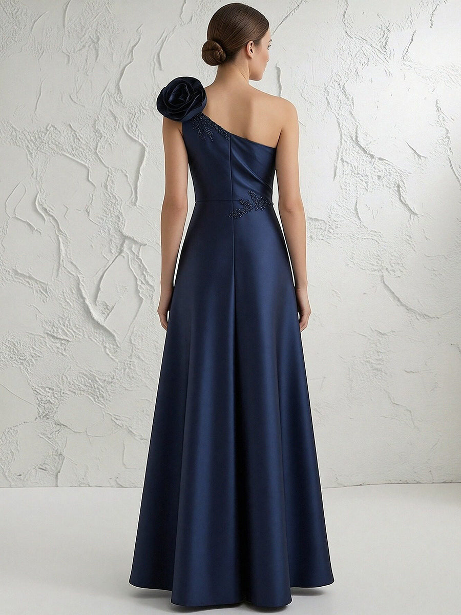 A Line/Princess One-Shoulder Floor Length Beaded Evening Dresses with Flower
