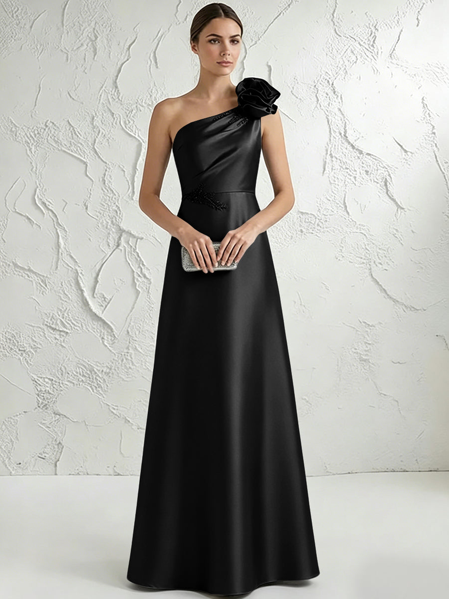 A Line/Princess One-Shoulder Floor Length Beaded Evening Dresses with Flower