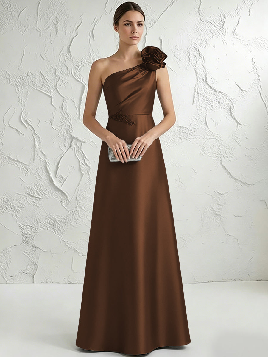 A Line/Princess One-Shoulder Floor Length Beaded Evening Dresses with Flower