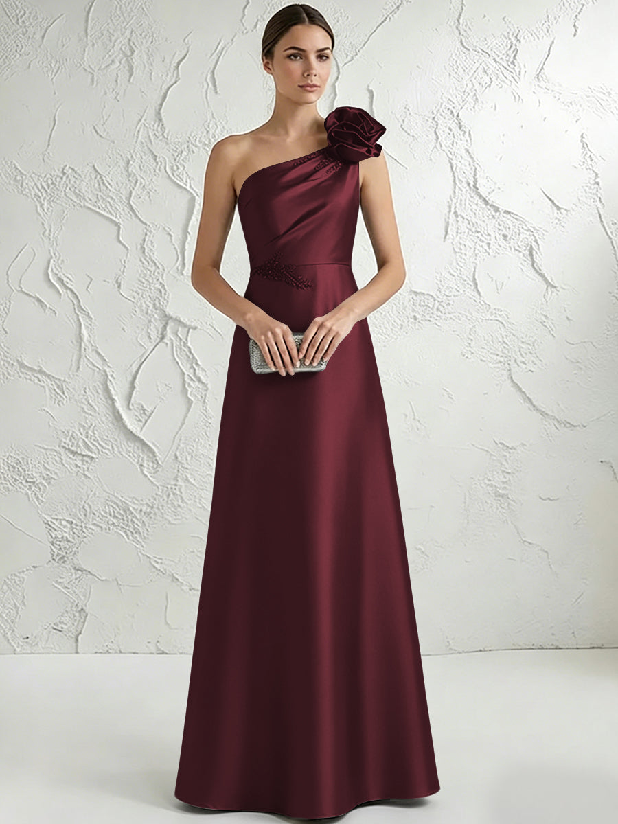 A Line/Princess One-Shoulder Floor Length Beaded Evening Dresses with Flower