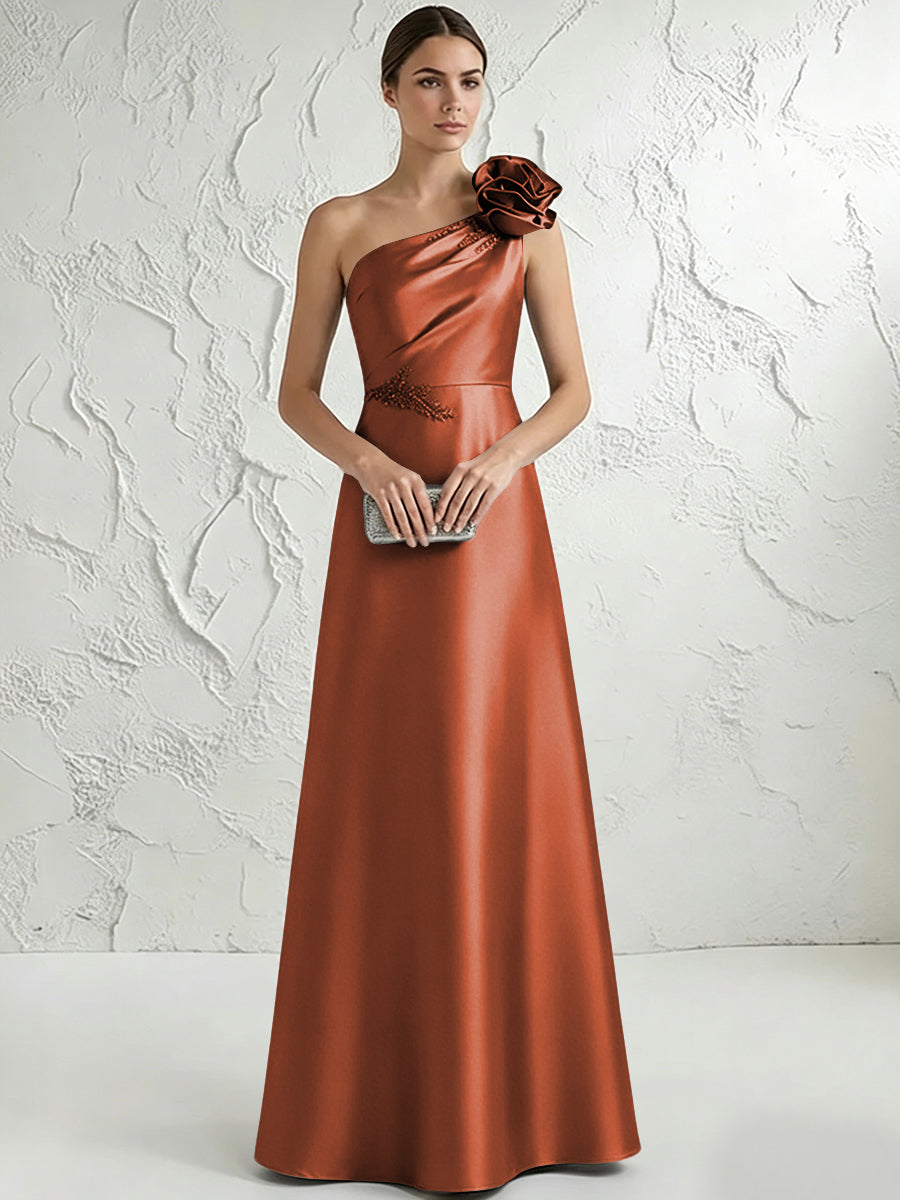 A Line/Princess One-Shoulder Floor Length Beaded Evening Dresses with Flower