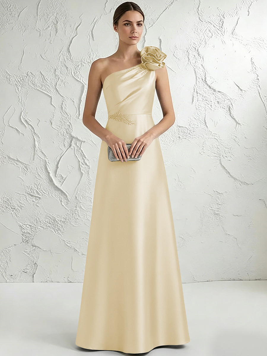 A Line/Princess One-Shoulder Floor Length Beaded Evening Dresses with Flower