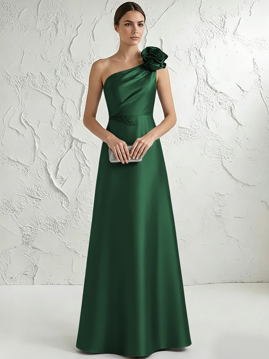 A Line/Princess One-Shoulder Floor Length Beaded Evening Dresses with Flower