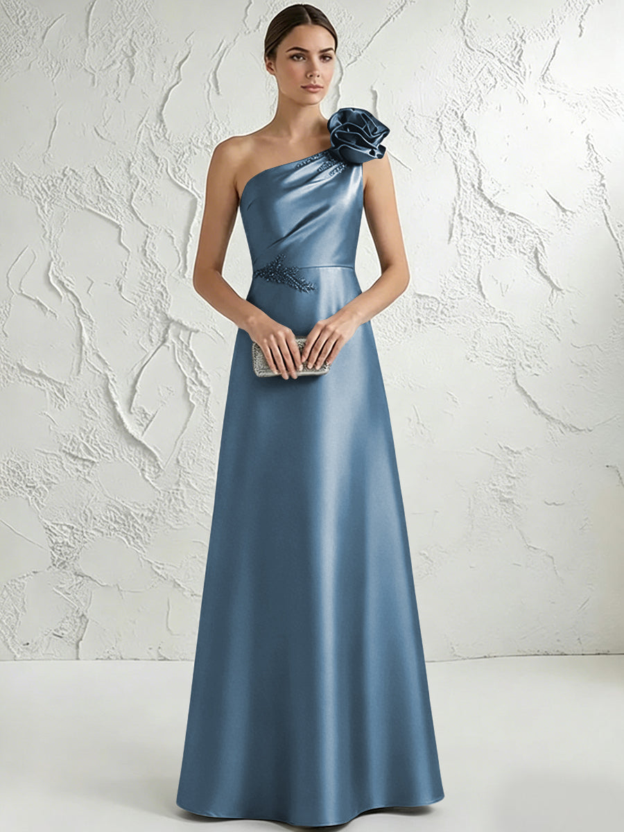 A Line/Princess One-Shoulder Floor Length Beaded Evening Dresses with Flower