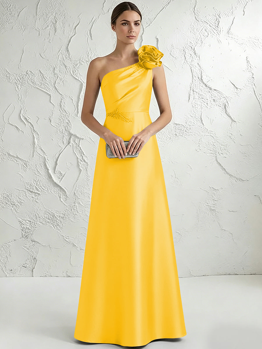 A Line/Princess One-Shoulder Floor Length Beaded Evening Dresses with Flower