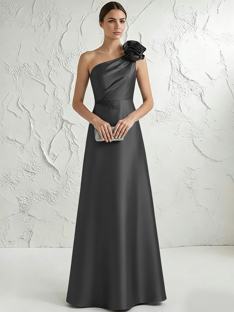 A Line/Princess One-Shoulder Floor Length Beaded Evening Dresses with Flower