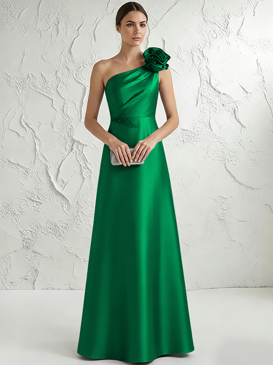 A Line/Princess One-Shoulder Floor Length Beaded Evening Dresses with Flower