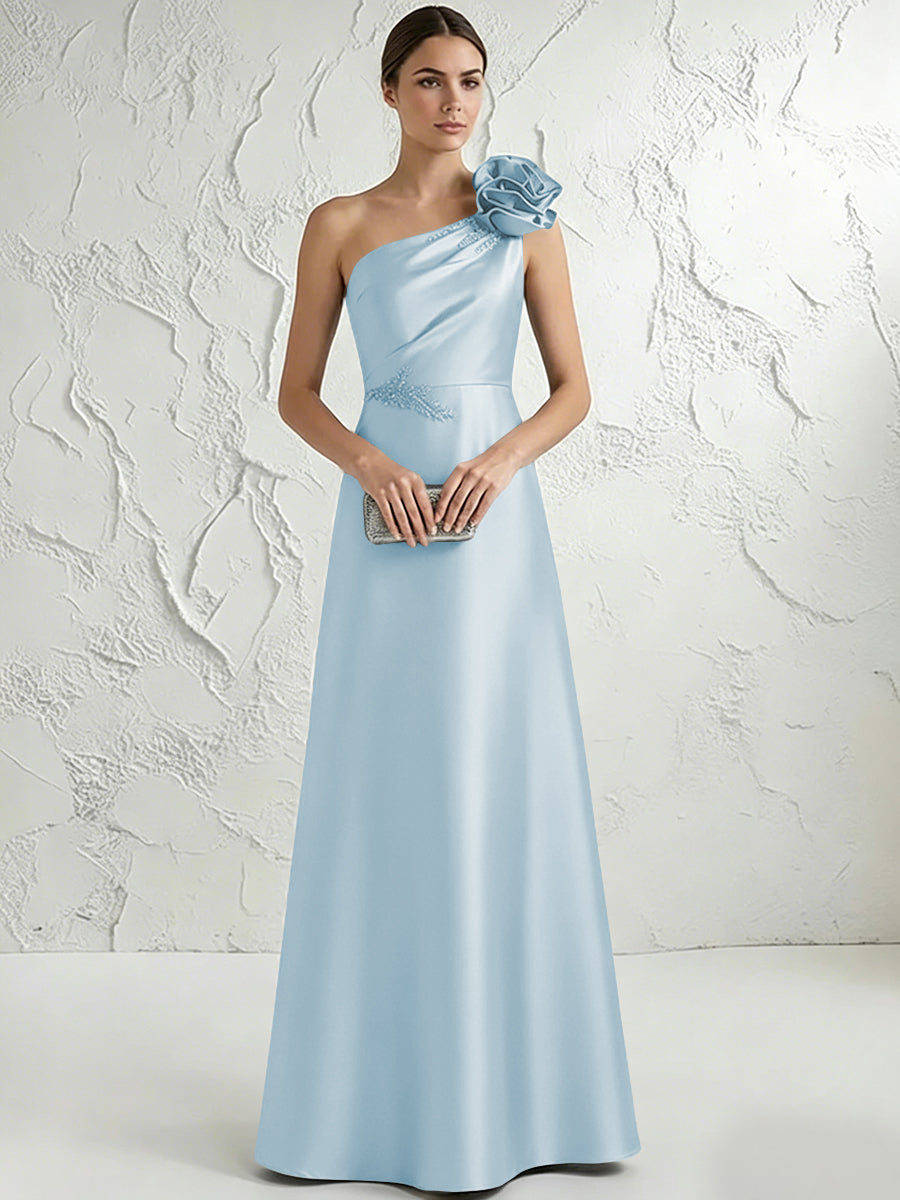 A Line/Princess One-Shoulder Floor Length Beaded Evening Dresses with Flower