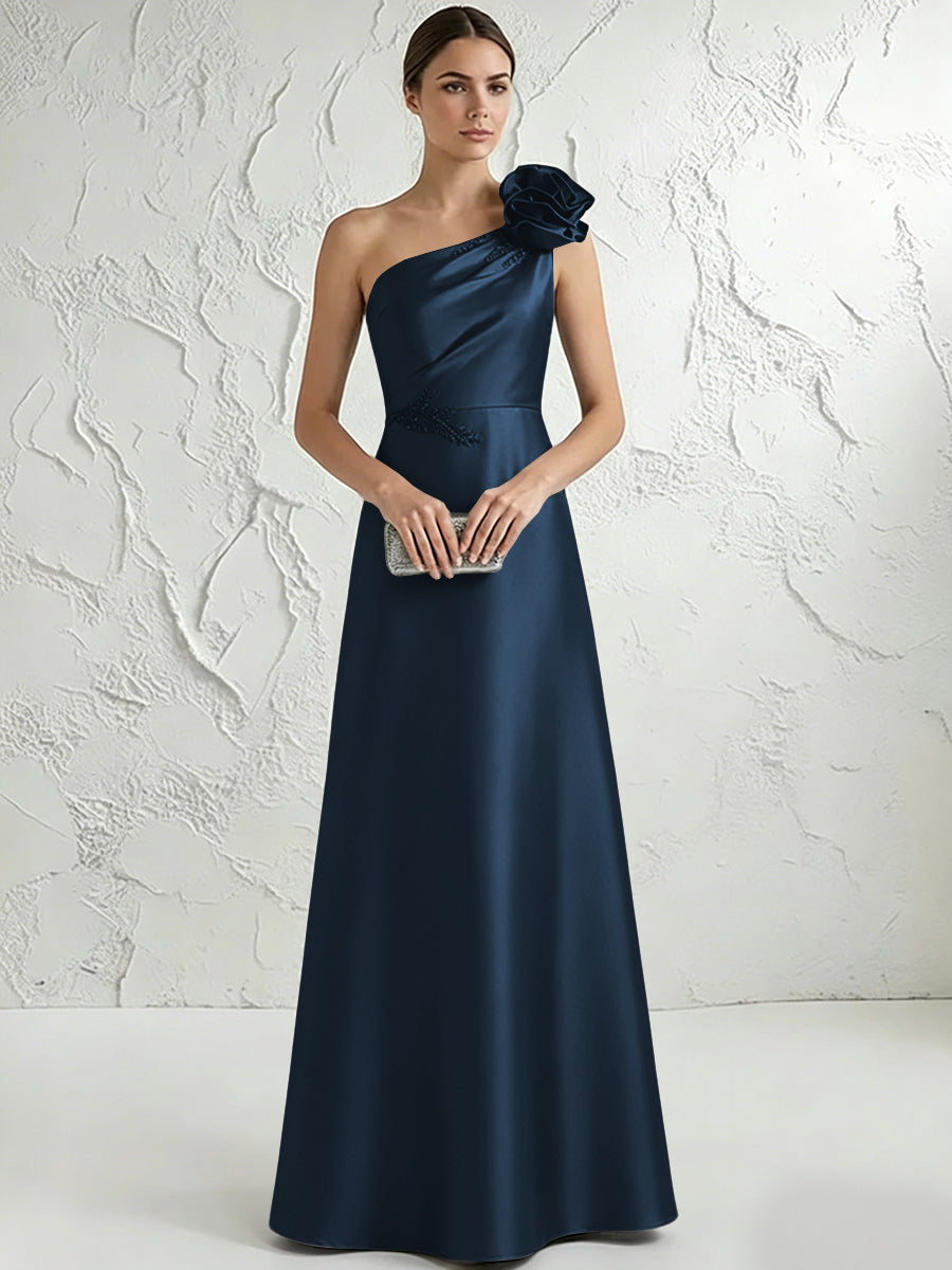 A Line/Princess One-Shoulder Floor Length Beaded Evening Dresses with Flower