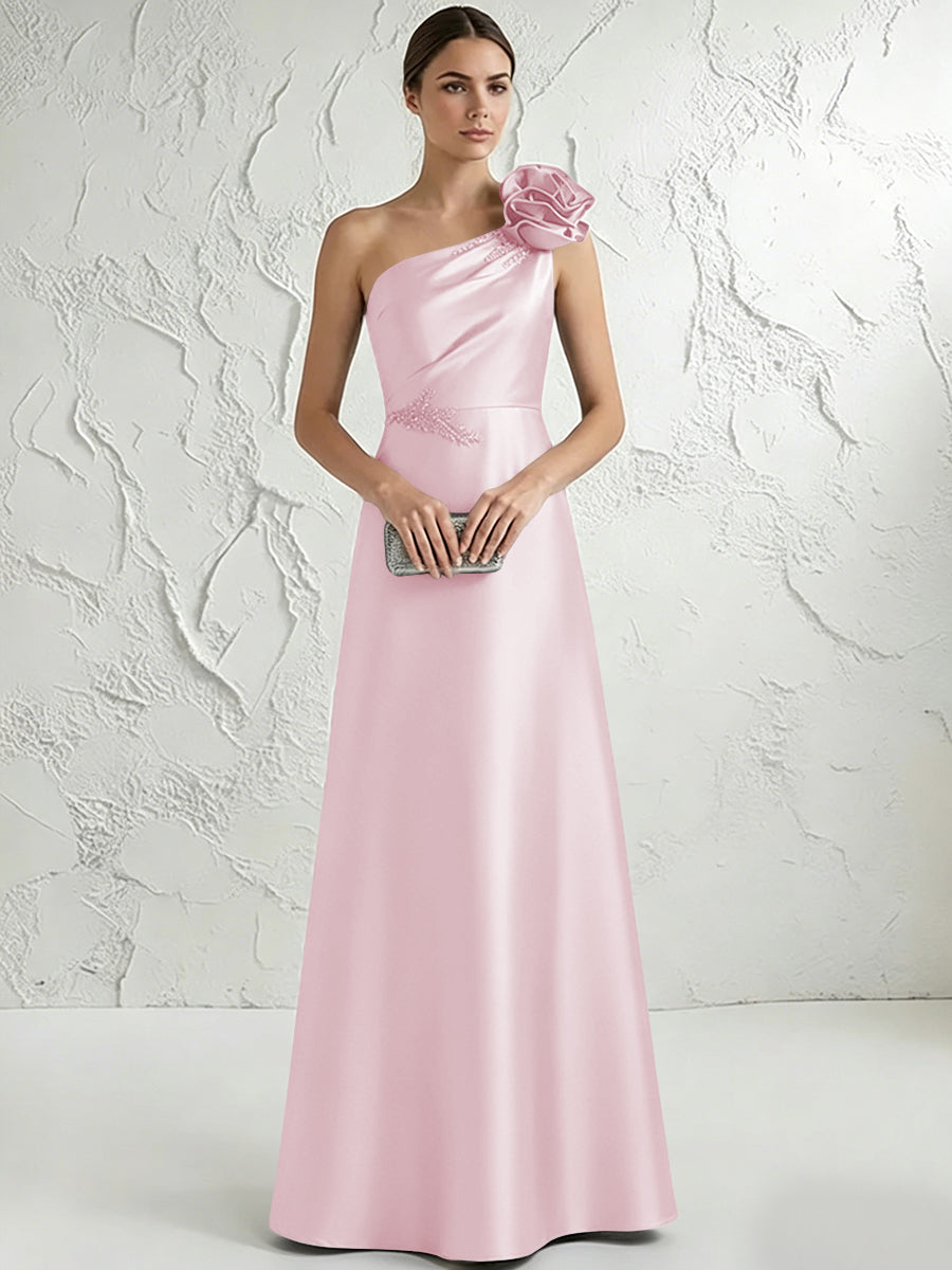 A Line/Princess One-Shoulder Floor Length Beaded Evening Dresses with Flower