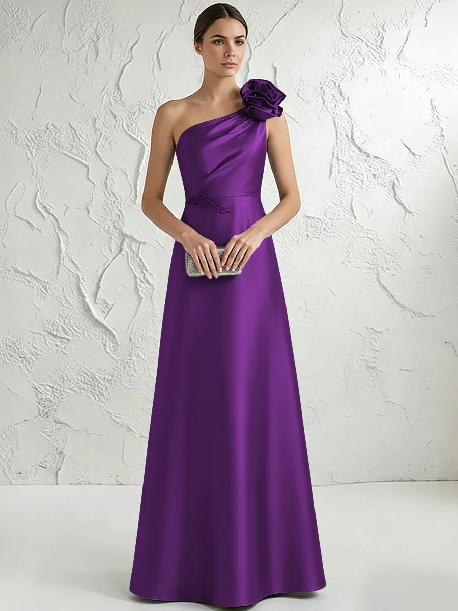 A Line/Princess One-Shoulder Floor Length Beaded Evening Dresses with Flower