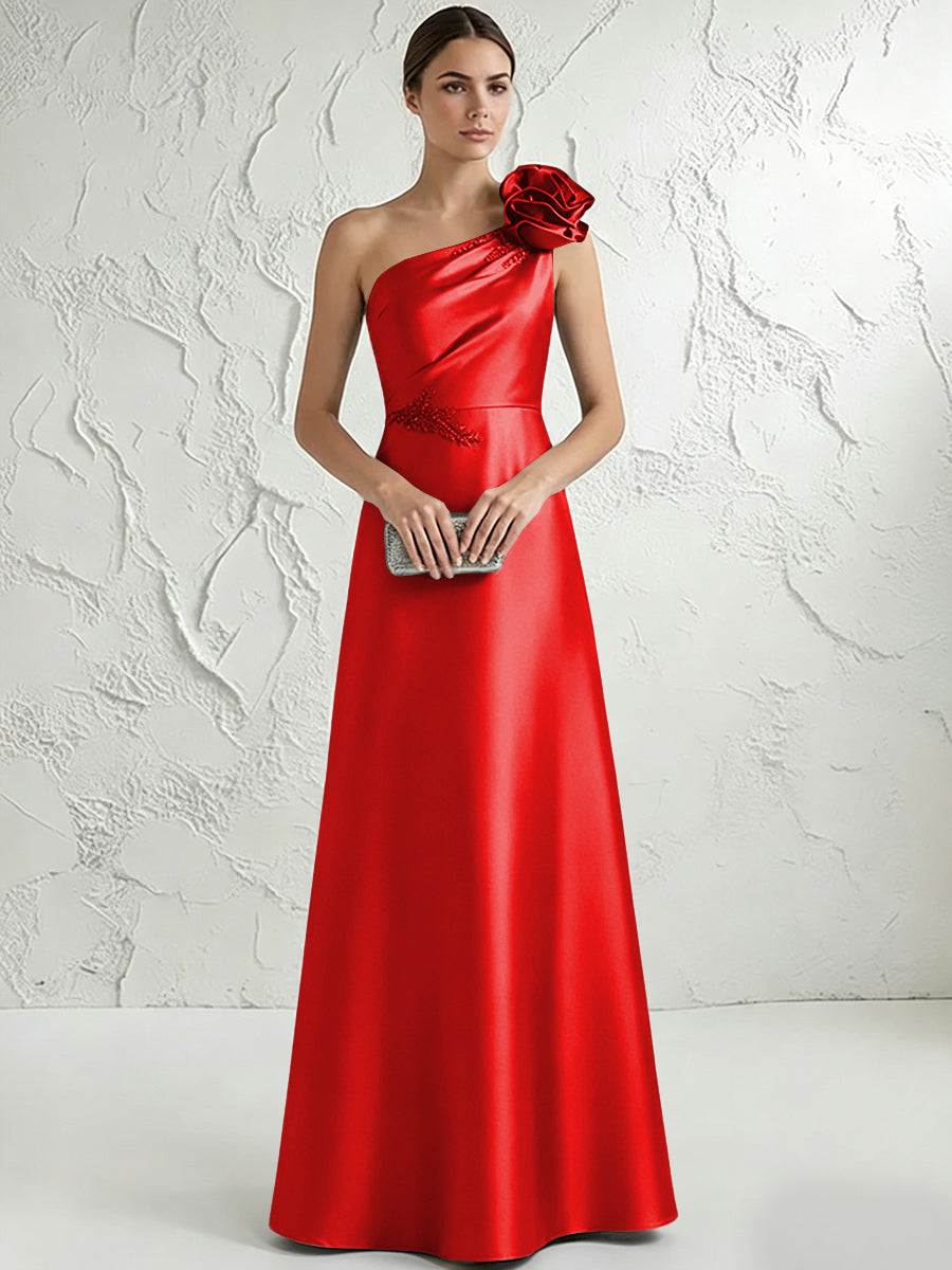 A Line/Princess One-Shoulder Floor Length Beaded Evening Dresses with Flower