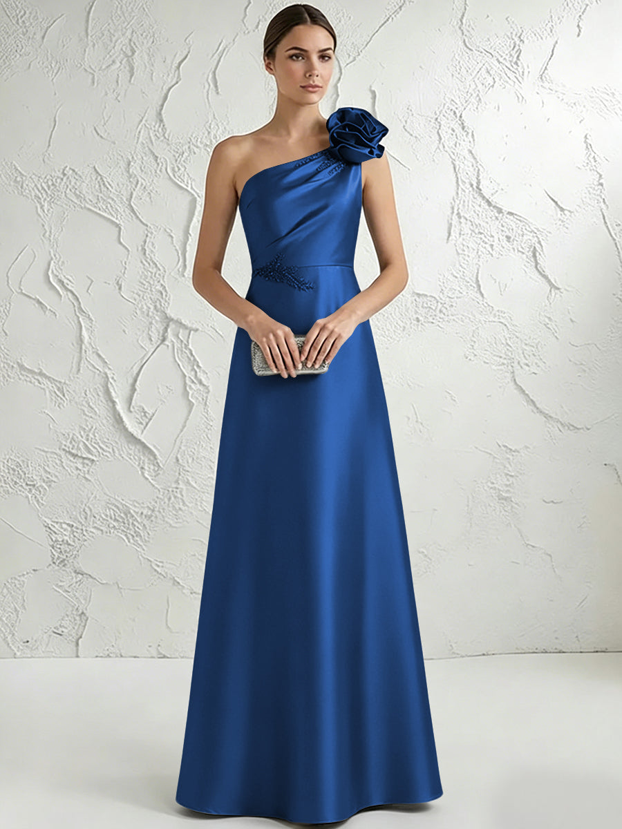 A Line/Princess One-Shoulder Floor Length Beaded Evening Dresses with Flower