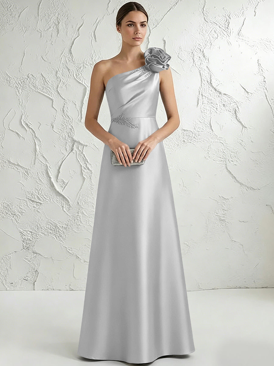 A Line/Princess One-Shoulder Floor Length Beaded Evening Dresses with Flower