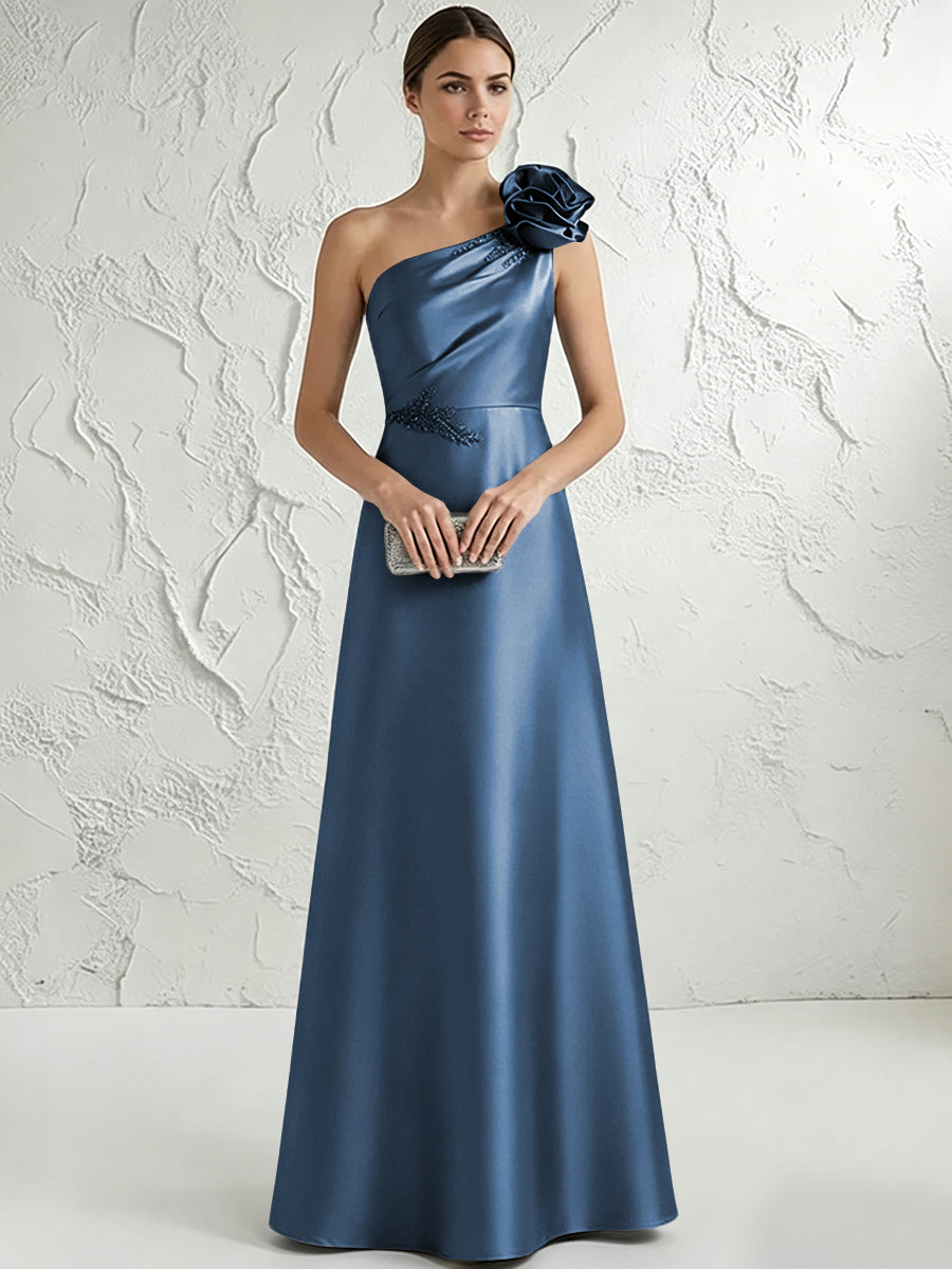 A Line/Princess One-Shoulder Floor Length Beaded Evening Dresses with Flower