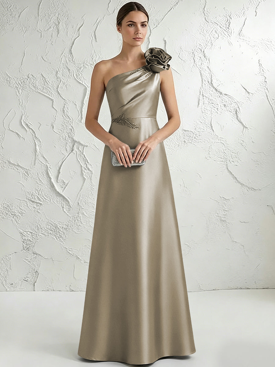 A Line/Princess One-Shoulder Floor Length Beaded Evening Dresses with Flower