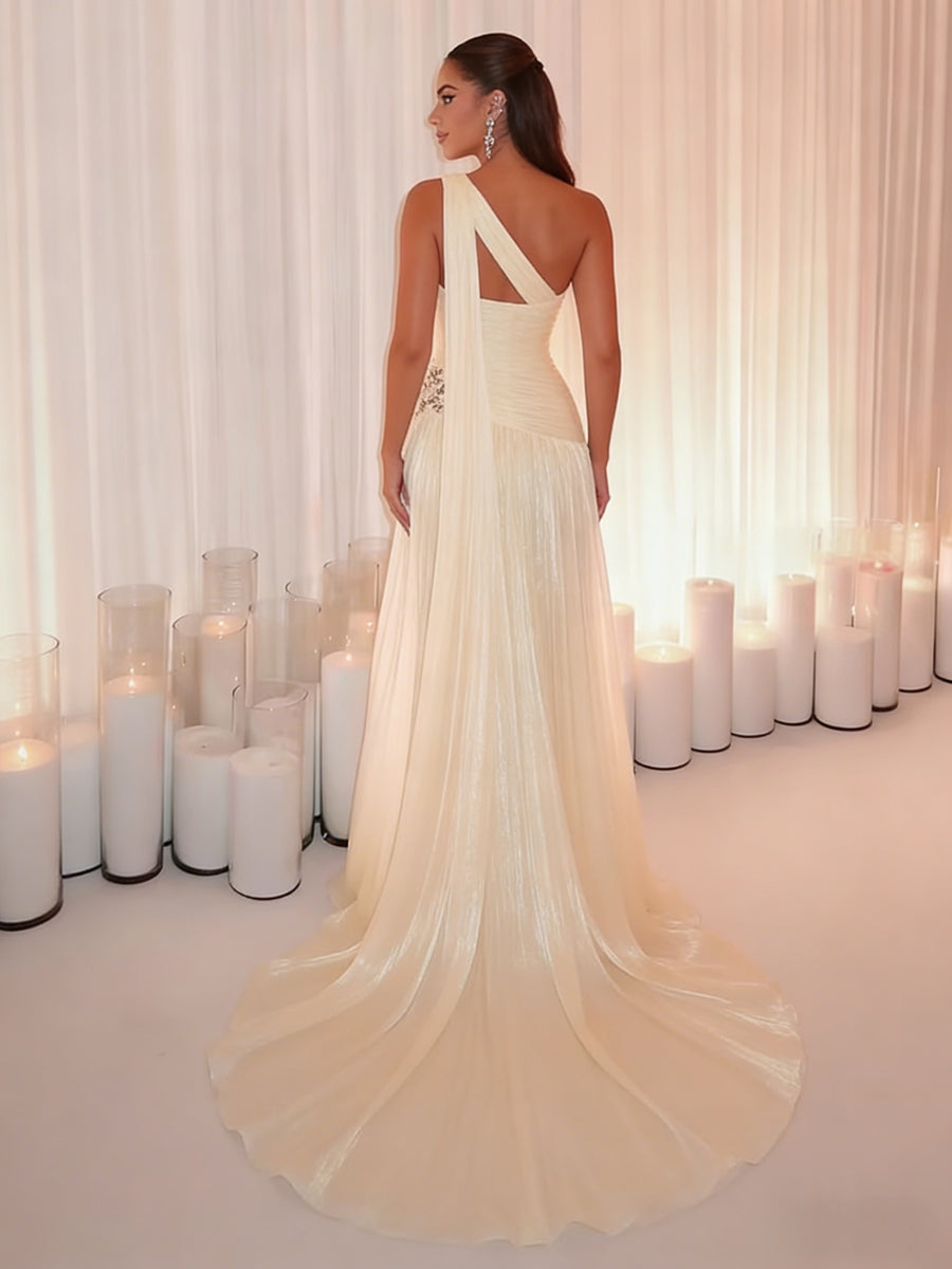 A-Line One Shoulder Drape Floor-Length Evening Dresses with Appliques