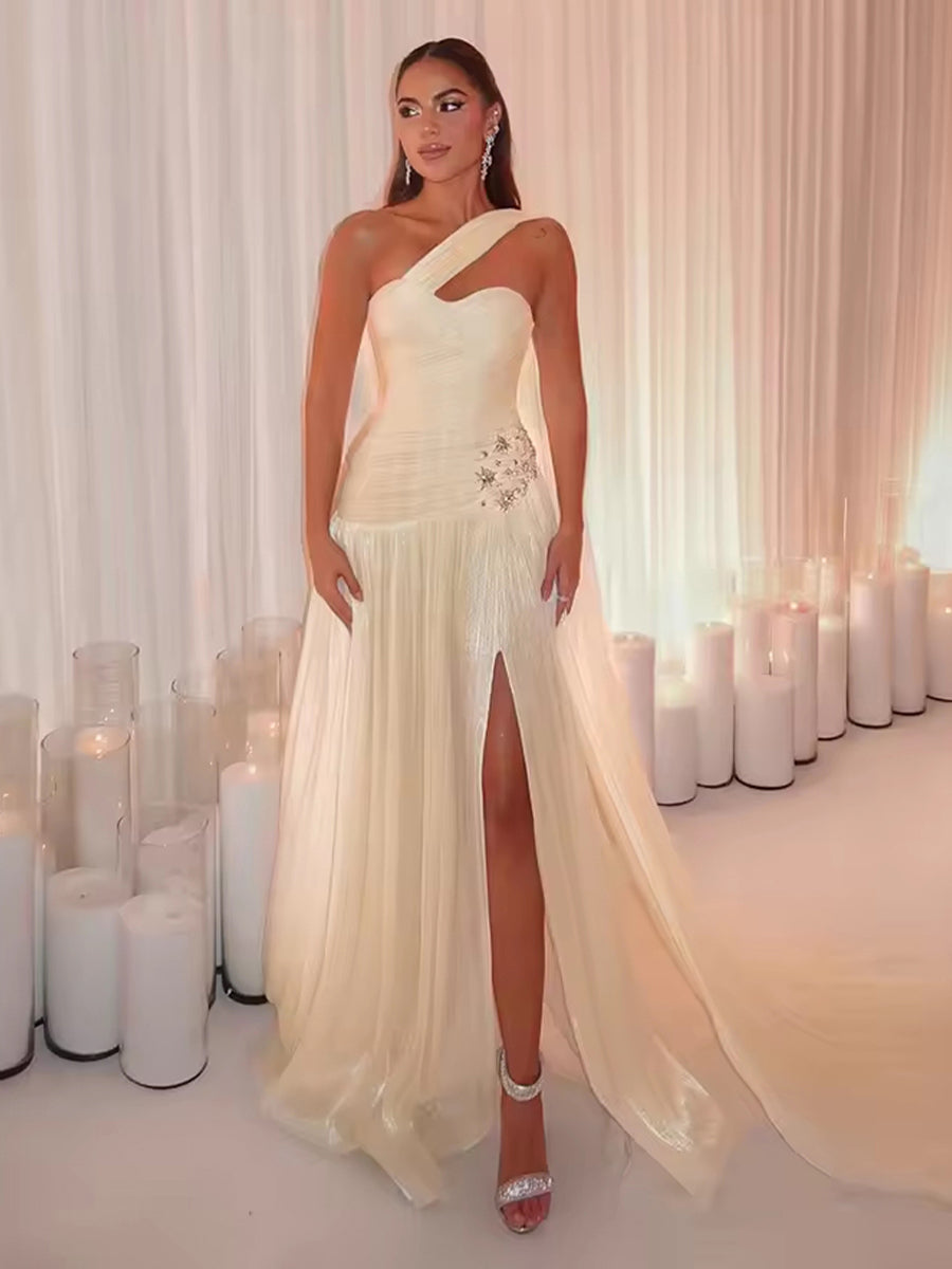 A-Line One Shoulder Drape Floor-Length Evening Dresses with Appliques