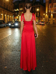 A-Line V-Neck Satin Maxi Evening Dress with Bows