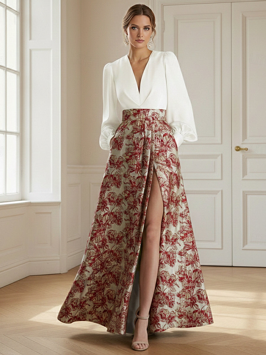 2 Pieces Mixed Jacquard A-Line V-Neck Long Sleeve Long Evening Dresses with Slit