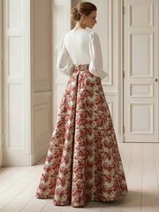 2 Pieces Mixed Jacquard A-Line V-Neck Long Sleeve Long Evening Dresses with Slit