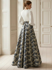 2 Pieces Mixed Jacquard A-Line V-Neck Long Sleeve Long Evening Dresses with Slit
