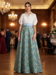 2 Piece Shirt Short Sleeve Jacquard A-Line Maxi Evening Dresses