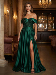 A-Line Satin Off Shoulder Pleated Maxi Evening Dresses with Sweep Train, Sequin Bodice & Slit