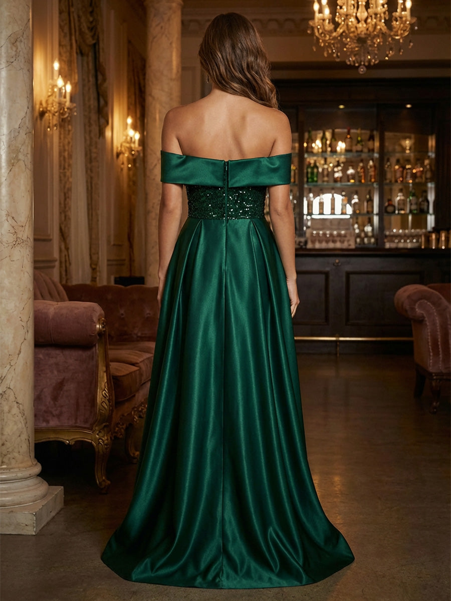 A-Line Satin Off Shoulder Pleated Maxi Evening Dresses with Sweep Train, Sequin Bodice & Slit