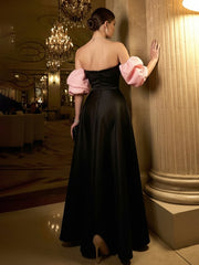 A-Line Satin Off Shoulder Pleated Maxi Pleated Evening Dresses with Sweep Train