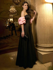 A-Line Satin Off Shoulder Pleated Maxi Pleated Evening Dresses with Sweep Train
