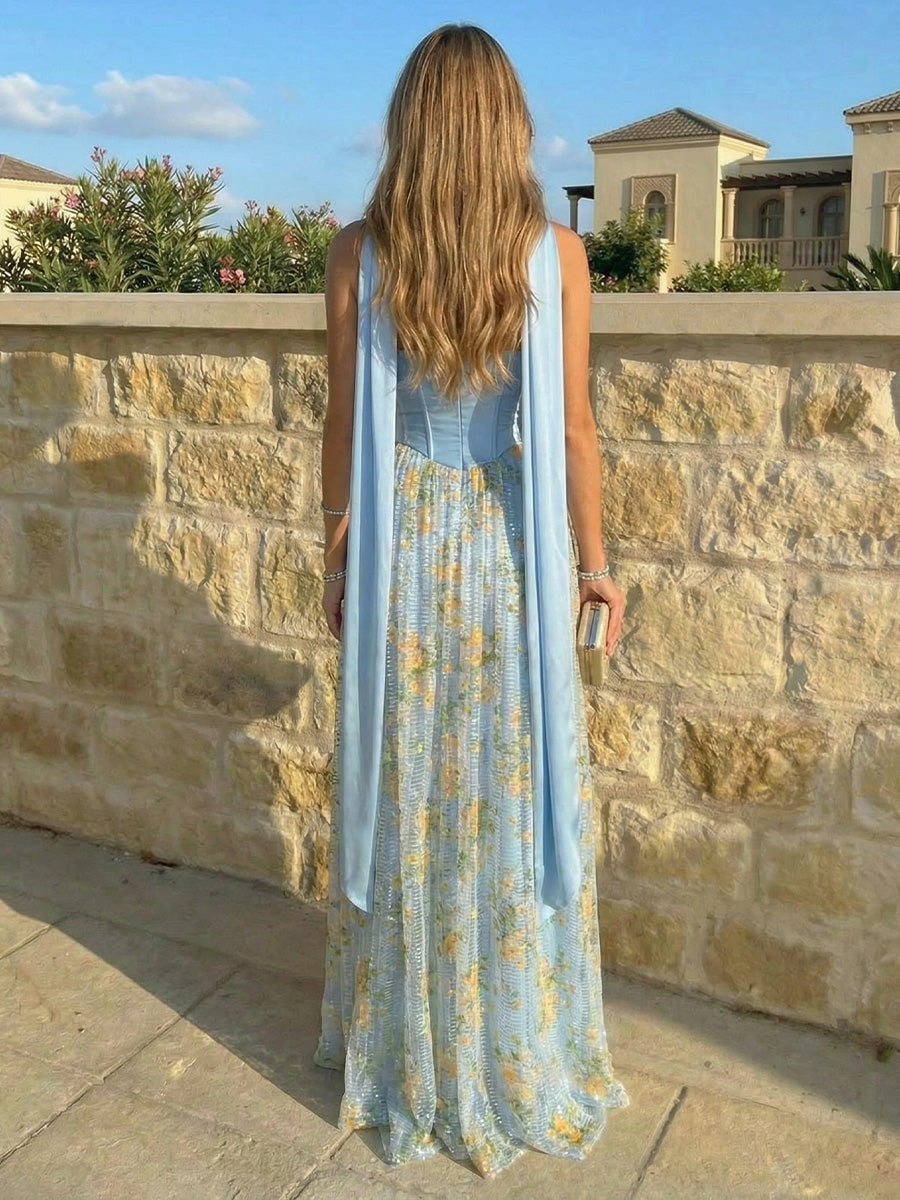 A-Line Satin Sweetheart Pleated Maxi Pleated Evening Dresses with Sweep Train & Scarf