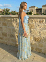 A-Line Satin Sweetheart Pleated Maxi Pleated Evening Dresses with Sweep Train & Scarf