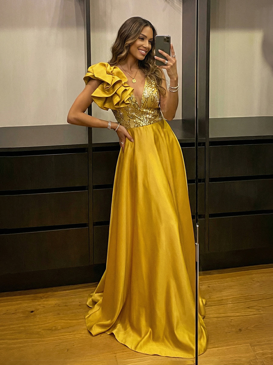 A-Line Satin Ruffle Sleeve Evening Dresses Maxi Formal Gowns with Sequin Bodice