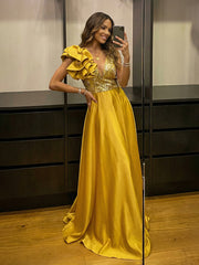 A-Line Satin Ruffle Sleeve Evening Dresses Maxi Formal Gowns with Sequin Bodice
