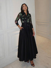 A-Line Floor-Length Satin Evening Dresses Shirt Collar Formal Gowns with Bow Waist & Pockets