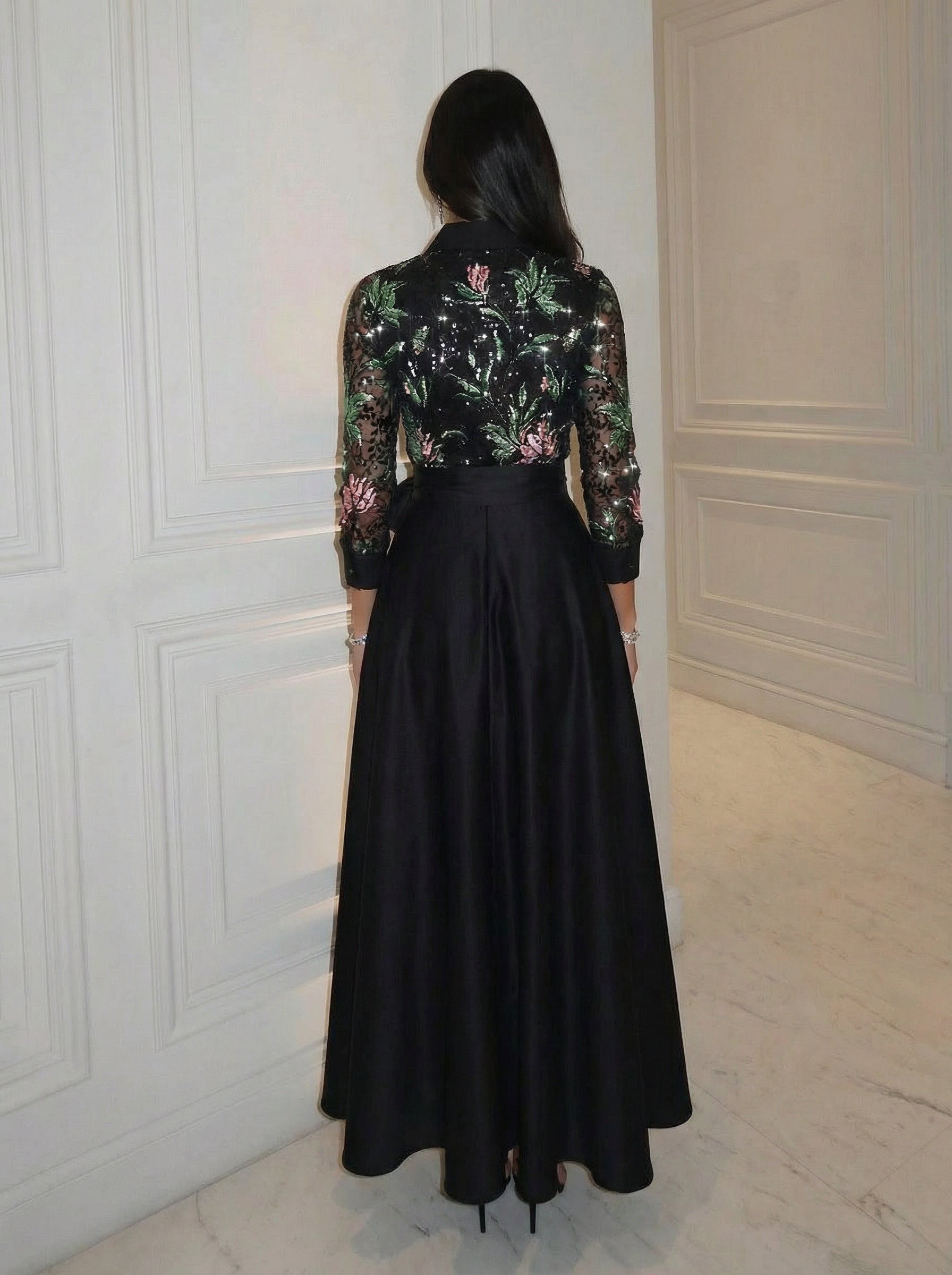 A-Line Floor-Length Satin Evening Dresses Shirt Collar Formal Gowns with Bow Waist & Pockets