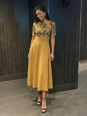 A-Line Midi-Length Satin Short Sleeves Evening Dresses Asymmetrical Neck Formal Gowns with Sequin Embroidery