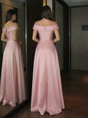 A-Line Satin Floor-Length Off Shoulder Evening Dresses with Sequin Embroidery