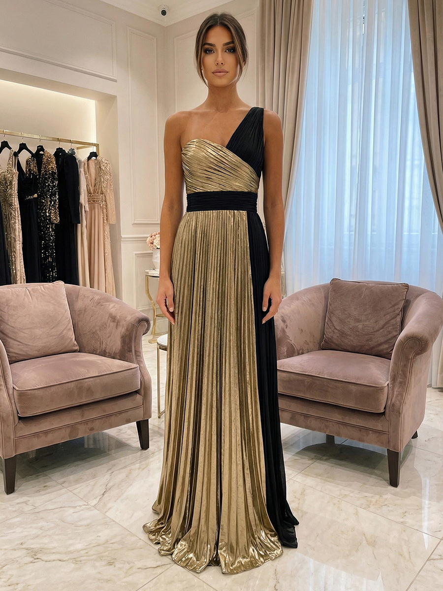 A-Line Metallic Pleated One Shoulder Evening Dresses Floor-Length Formal Gowns with Sweep Train