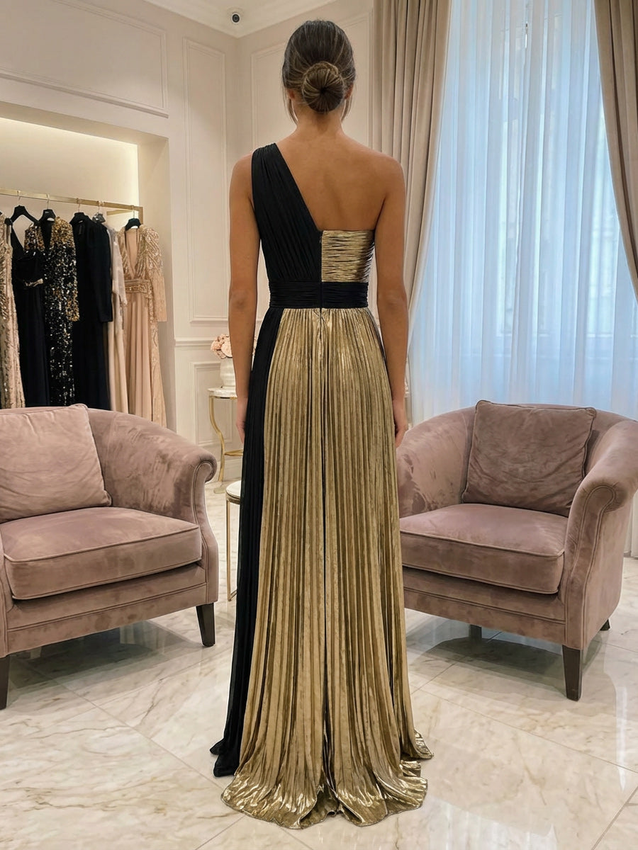 A-Line Metallic Pleated One Shoulder Evening Dresses Floor-Length Formal Gowns with Sweep Train