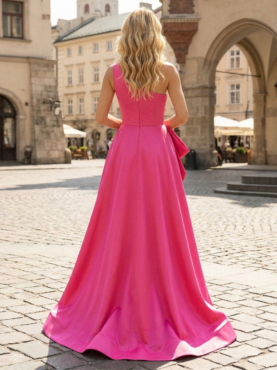 A-Line/Princess One Shoulder Satin Evening Dresses Floor-Length Ball Gowns with Sweep Train, High Slit & Waist Bow