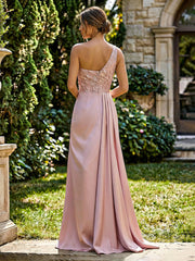 A-Line Satin One Shoulder Evening Dresses Floor-Length Formal Gowns with Lace Embellished Bodice & Ruched Waist
