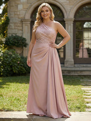 A-Line Satin One Shoulder Evening Dresses Floor-Length Formal Gowns with Lace Embellished Bodice & Ruched Waist