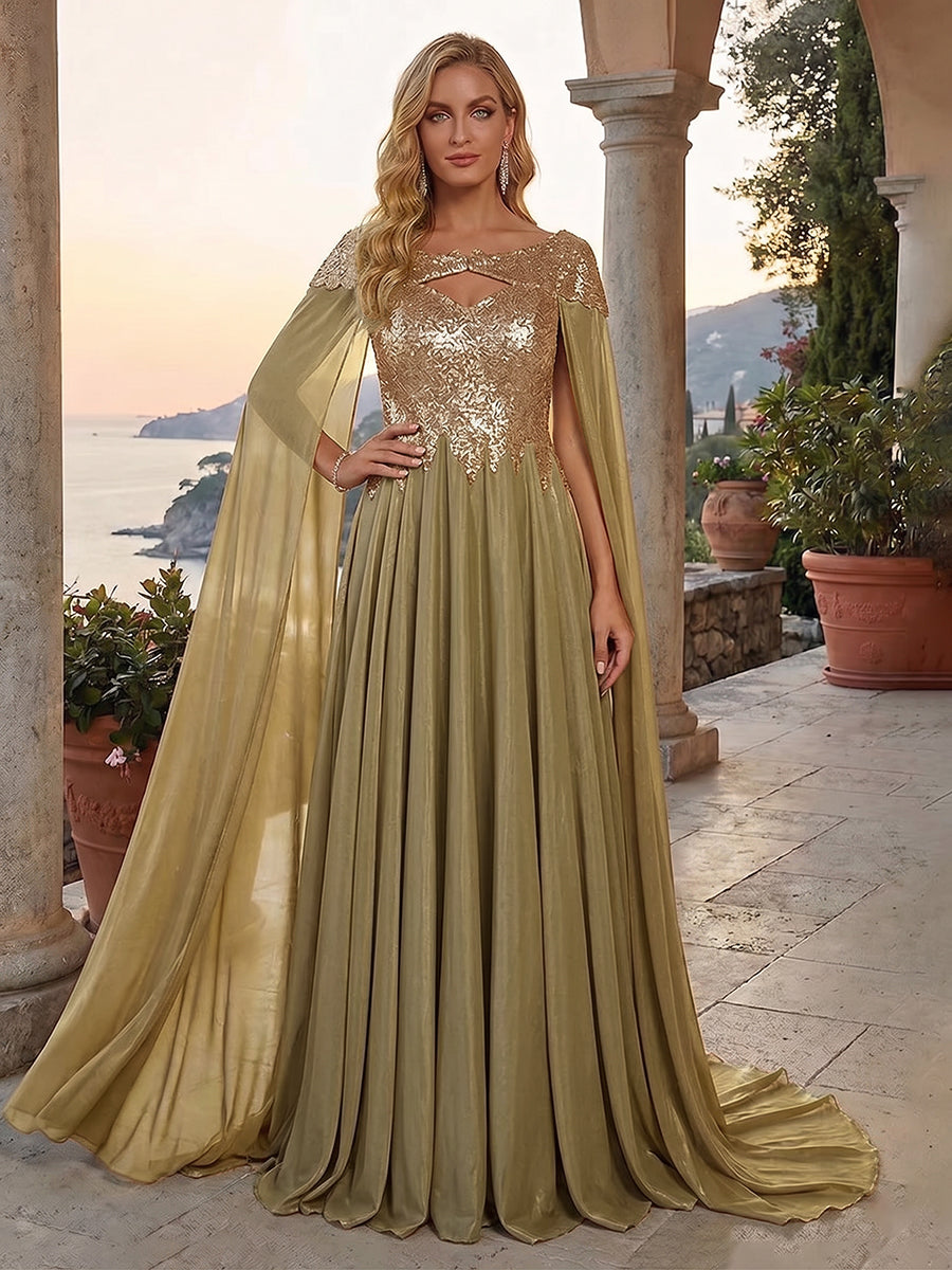 A-Line Metallic Satin Sheer Cape Sleeve Off Shoulder Evening Dresses Maxi Formal Party Gowns with Sweep Train & Sequin Embellished Bodice