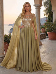 A-Line Metallic Satin Sheer Cape Sleeve Off Shoulder Evening Dresses Maxi Formal Party Gowns with Sweep Train & Sequin Embellished Bodice